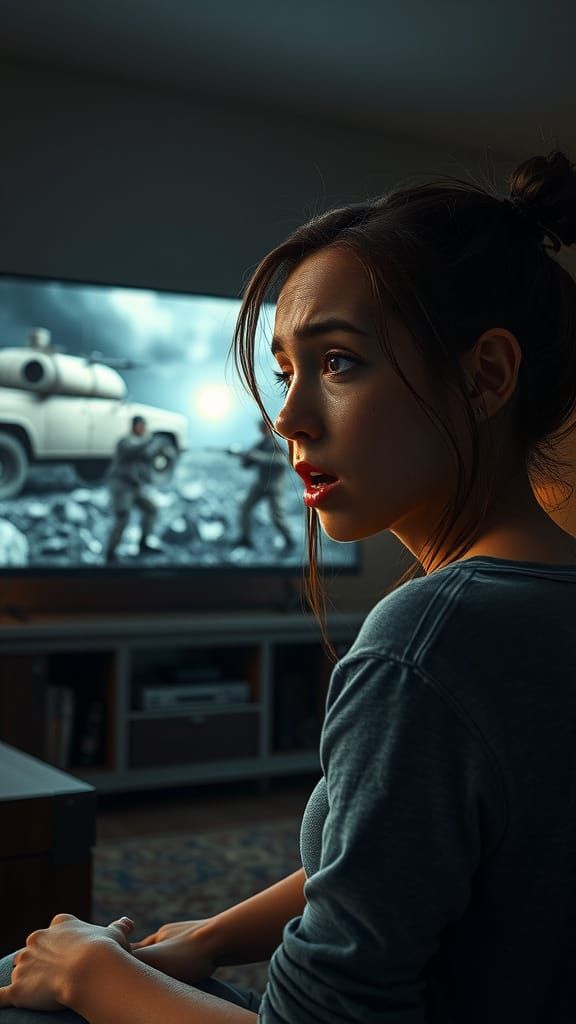 Hyperrealistic Woman Watches War on TV