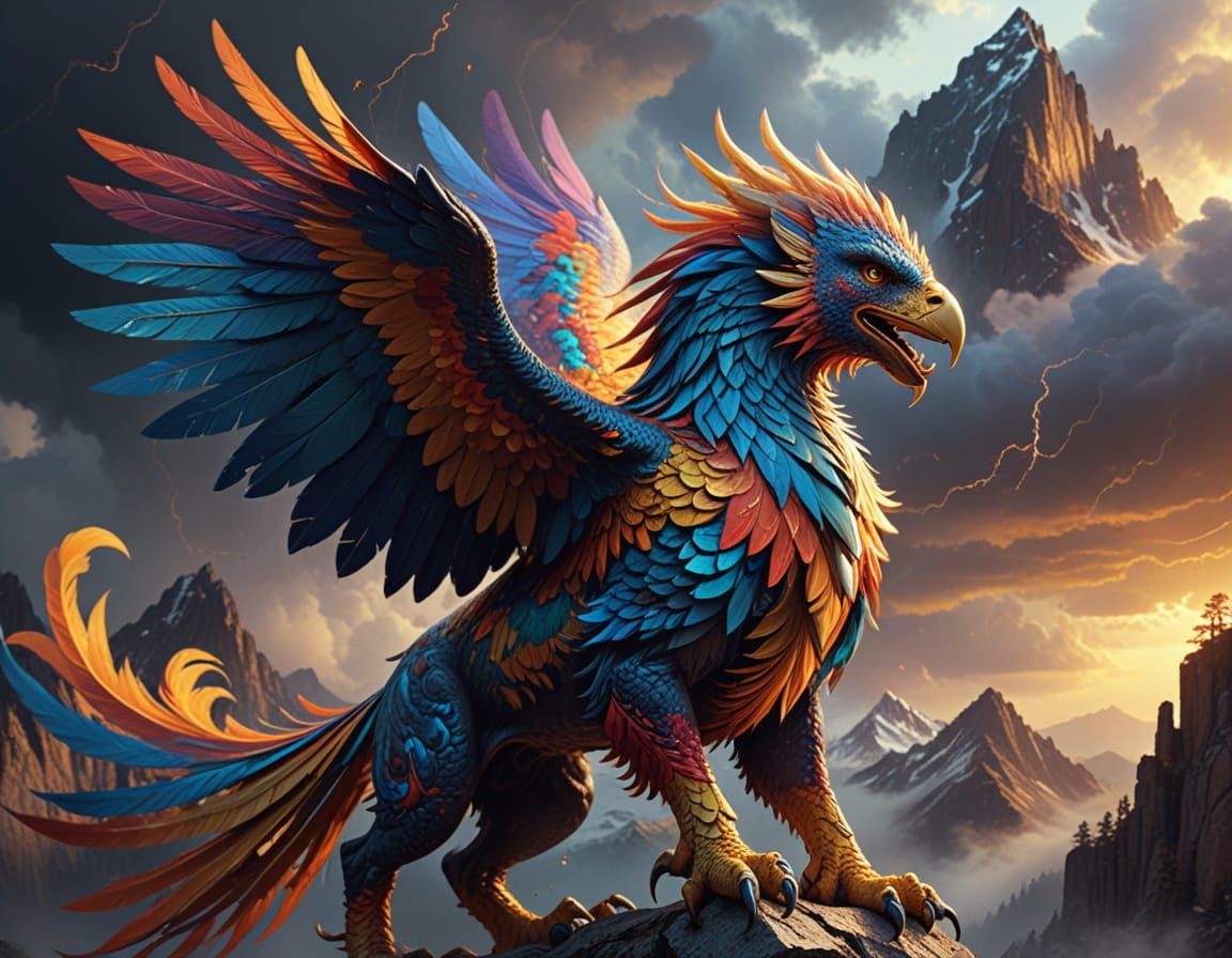 Majestic Griffin Soaring Through Stormy Skies