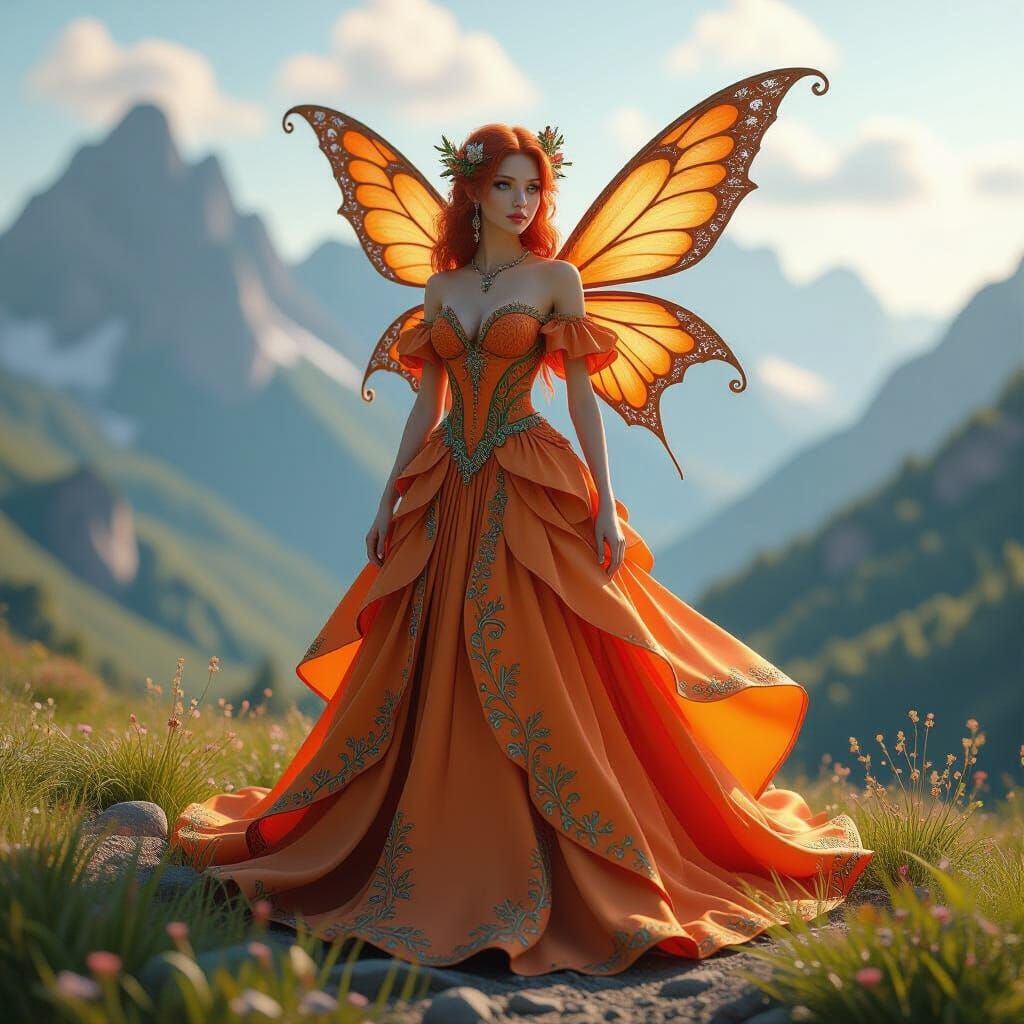 Detailed Fairy in Orange Mountain Landscape