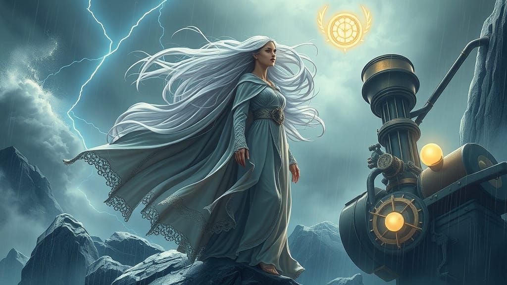 Ethereal Aasimar Goddess in Steampunk Fantasy Landscape