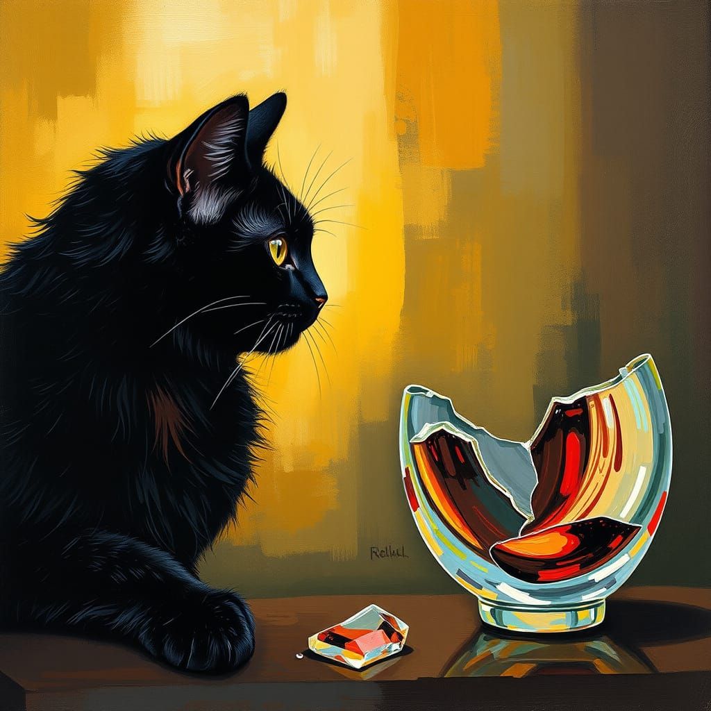 Whimsical Black Cat Contemplates Shattered Vase in Abstract ...