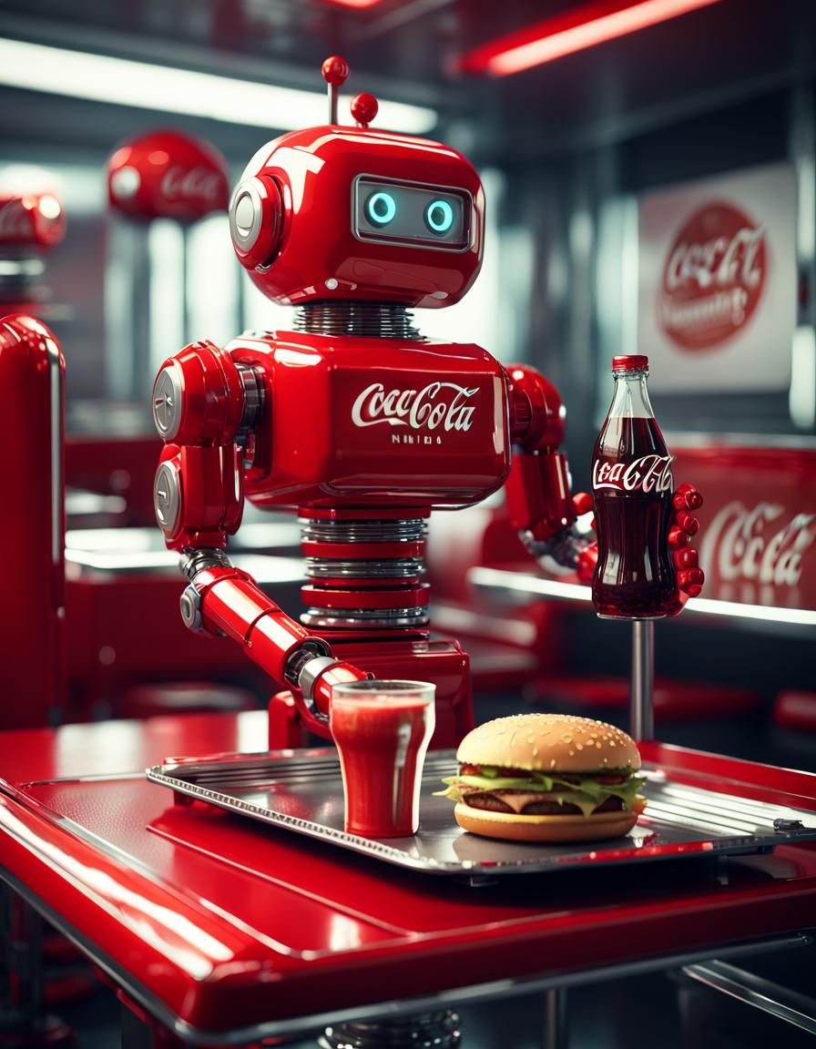 Vintage Red Robot Serves Meal in Futuristic Restaurant