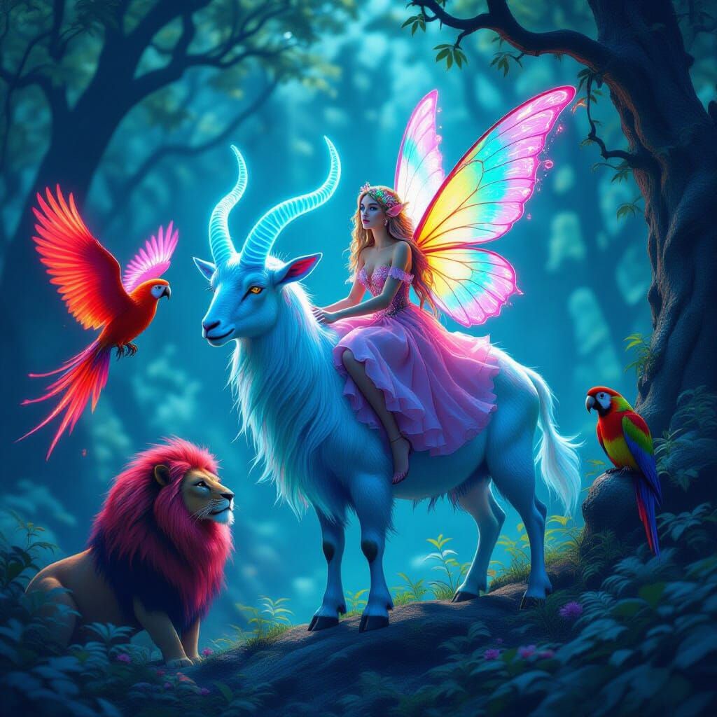 Ethereal Fairy on Neon Goat with Mythical Creatures