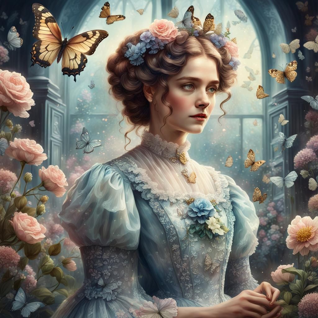 Victorian Woman Surrounded by Flowers in Watercolor Style