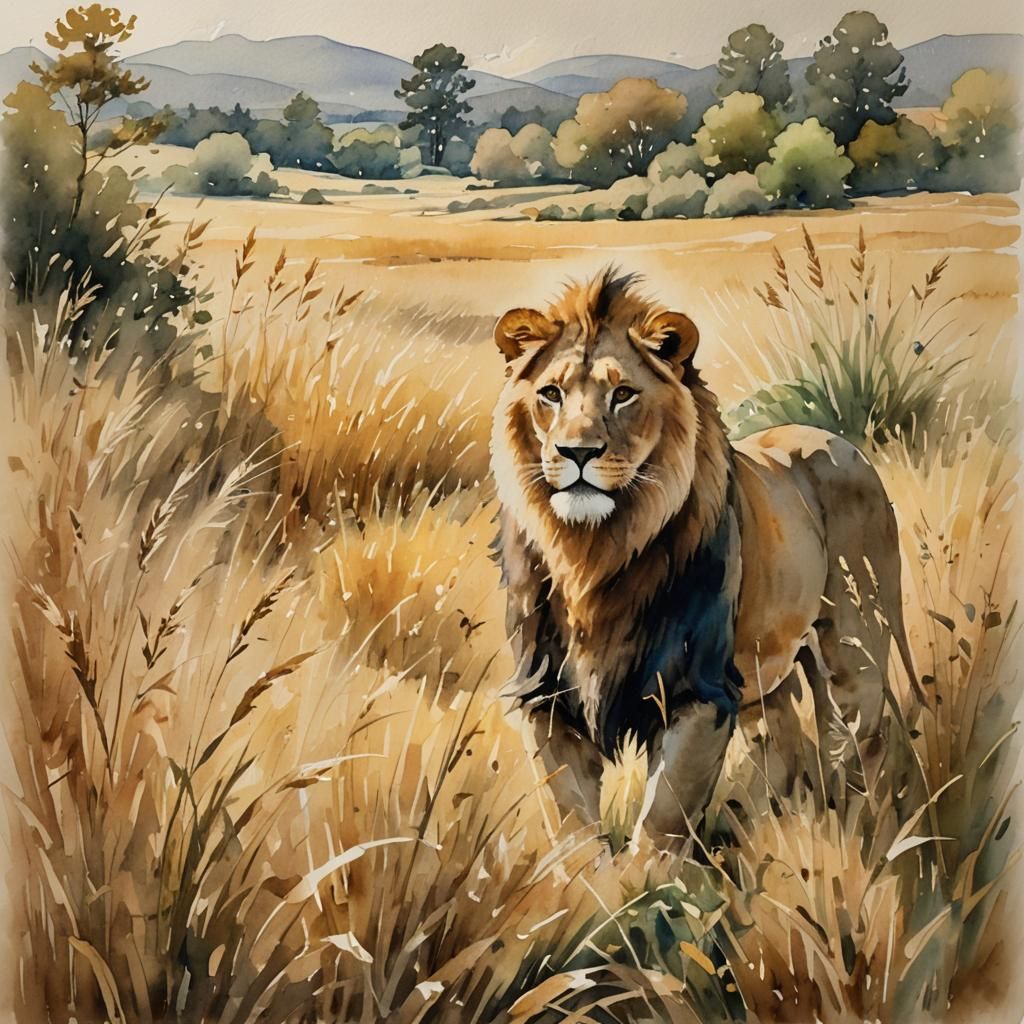 Lion in Golden Field: Impressionistic Watercolor Painting