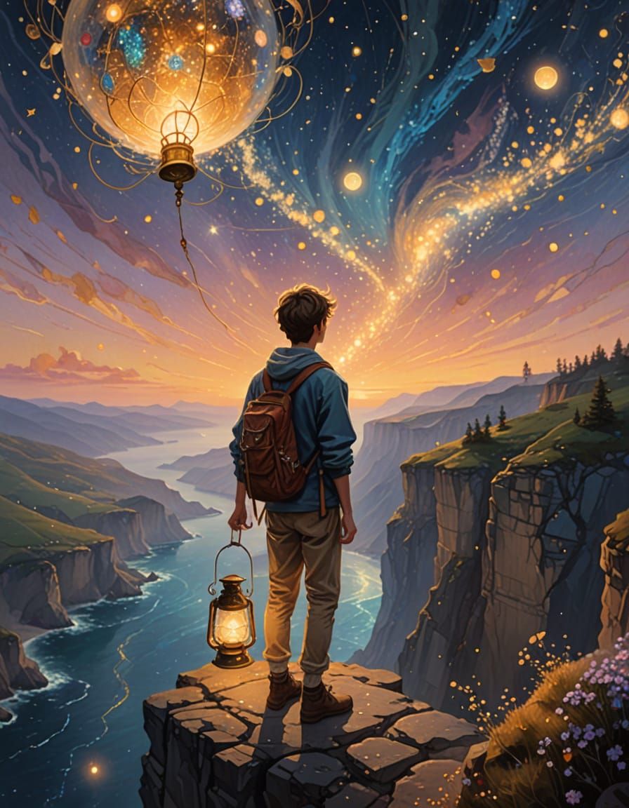 Ethereal Traveler with Galaxy Lantern at Dawn
