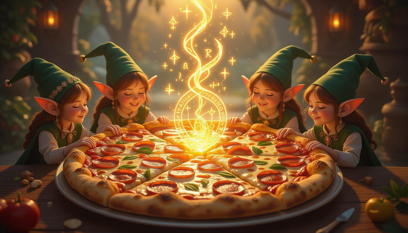 Magical Six-Layer Pizza with Elves in Golden Hour Light