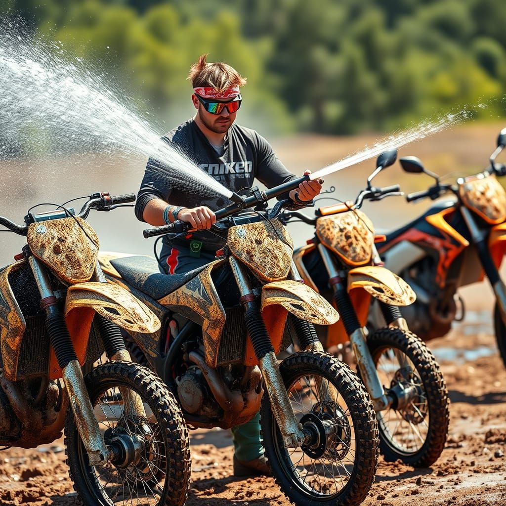 Man Cleans Muddy Motorcycle with Pressure Washer