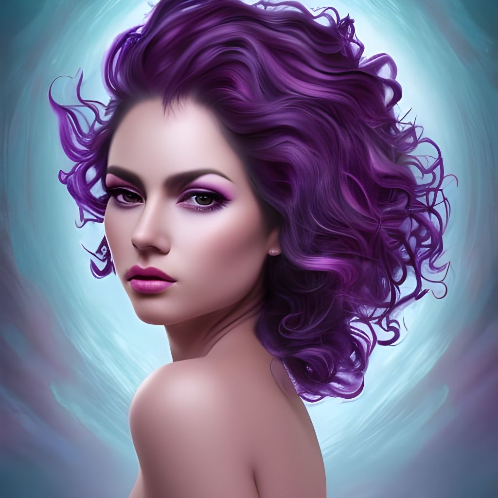 Hispanic Woman Portrait with Purple Hair in Art Nouveau Styl...
