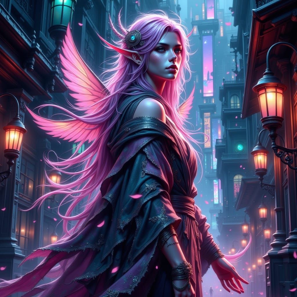 Surreal Fae in Cyberpunk Cityscape