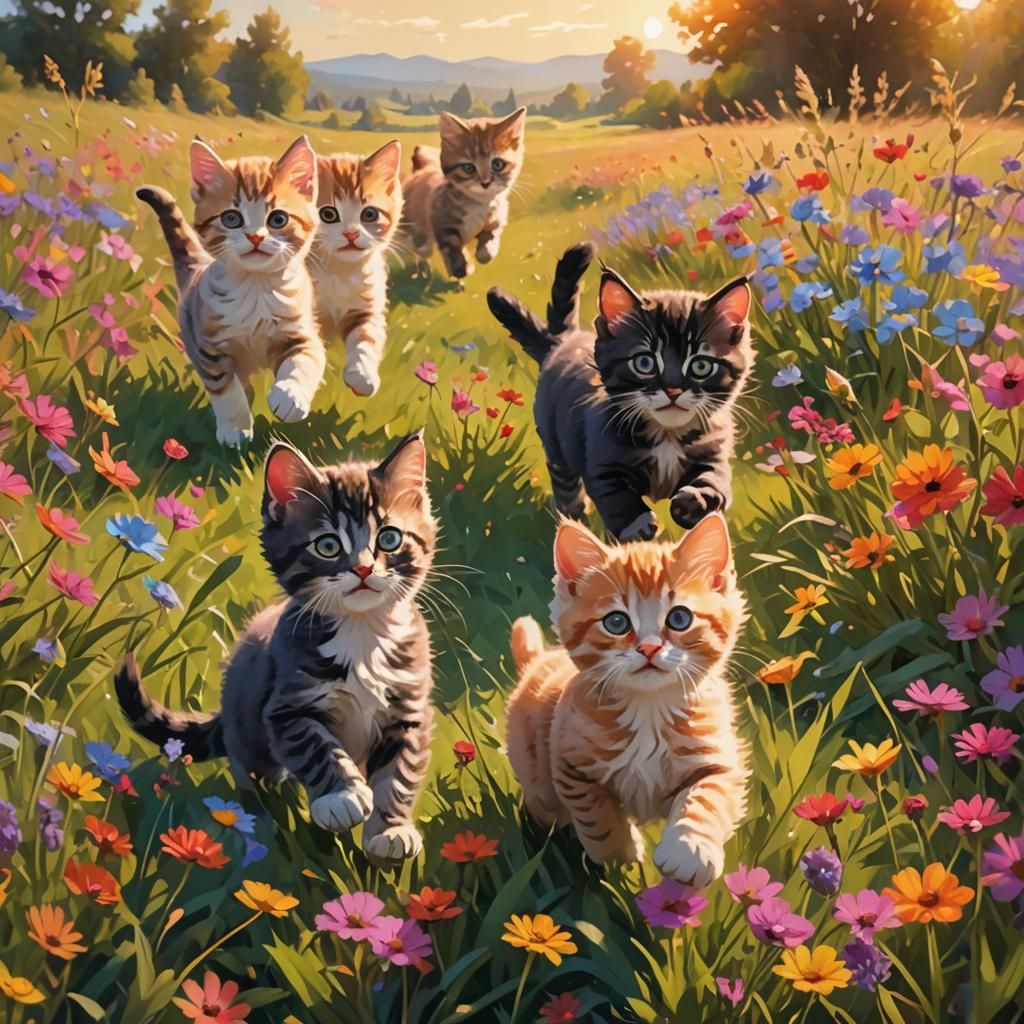 Kittens Play in Colorful Meadow: Digital Matte Painting