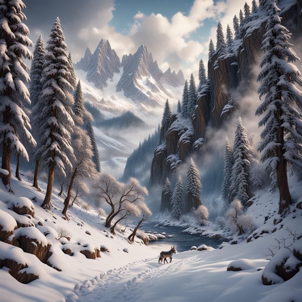 Donkey Runs Through Snowy Mountain Landscape