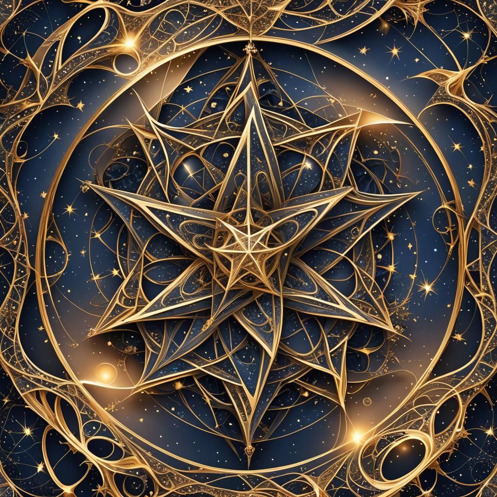 Pentagram Constellation in Starry Night with Fractal Design