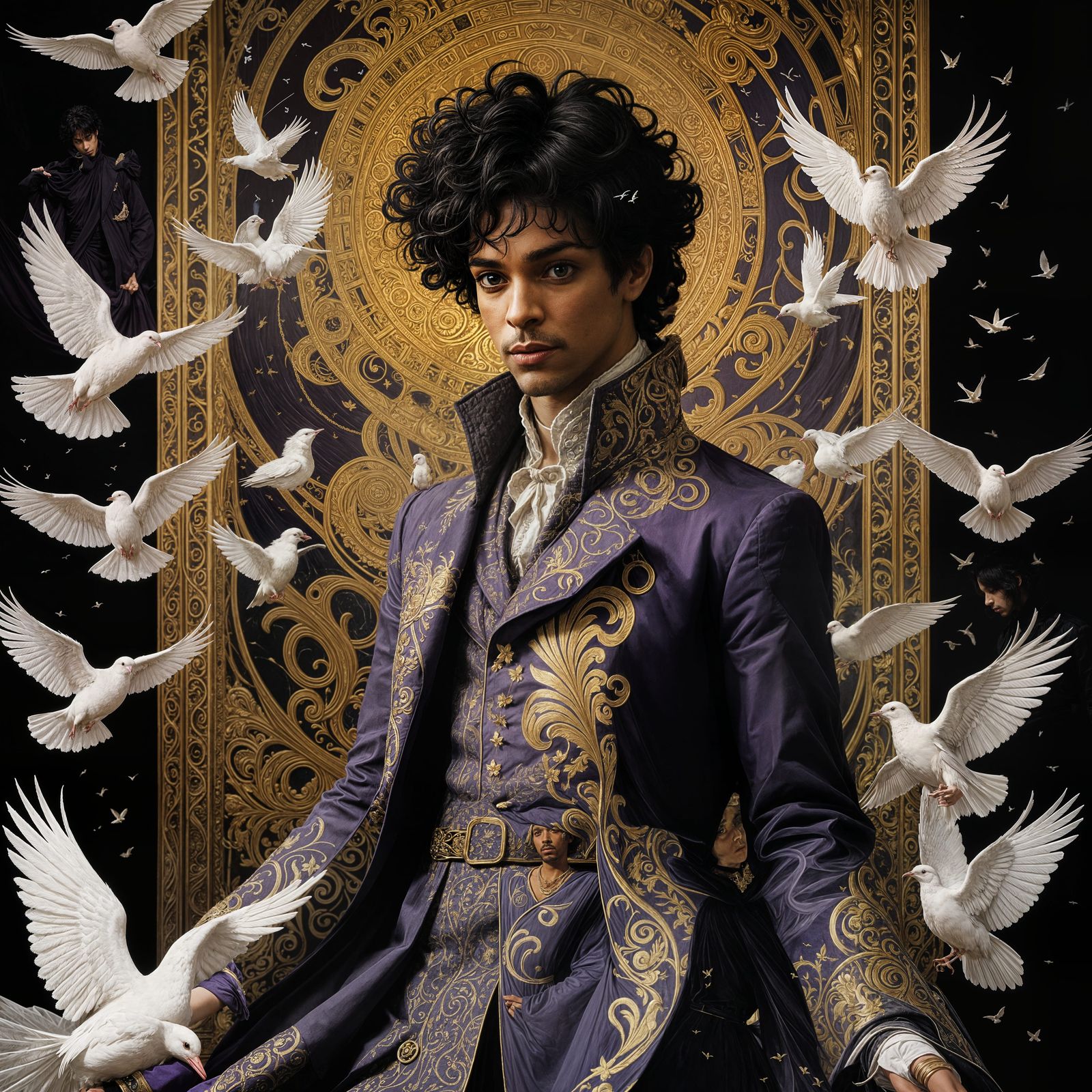Prince Surrounded by Majestic Doves in Elegant Portrait