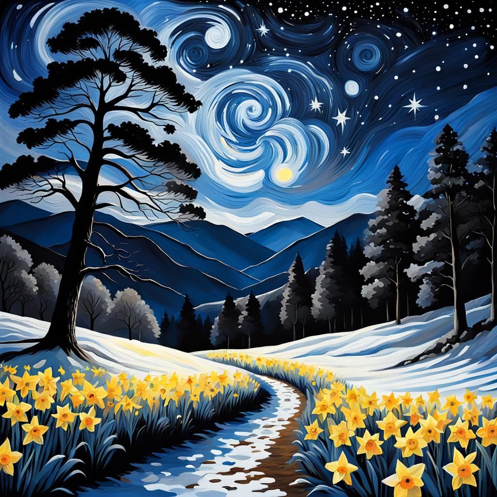 Starry Night Landscape in Impressionist Style