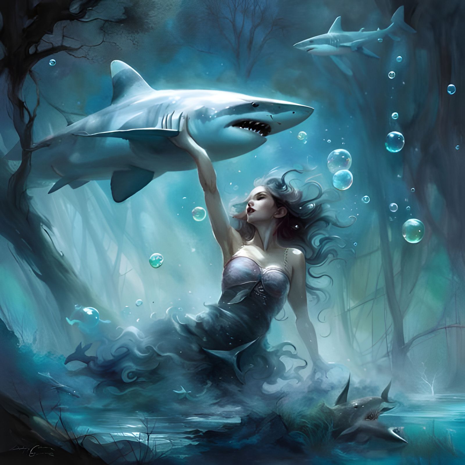 Sharks Float Through Forest: Intricate Digital Art