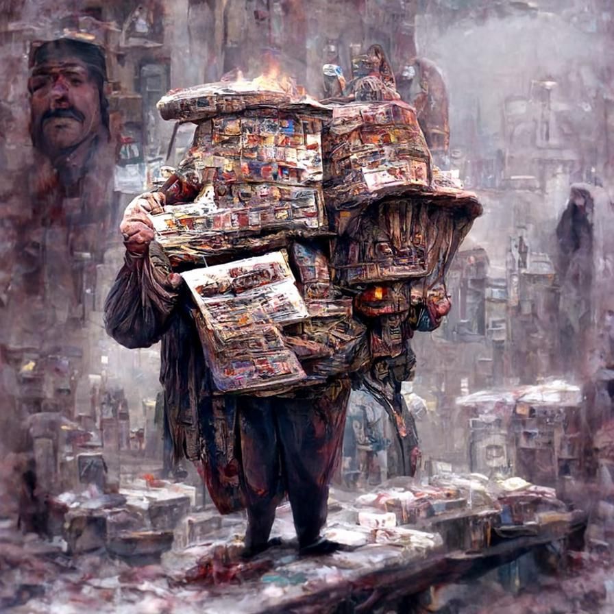 Newspaper Vendor in Overpopulated City: Surrealist Painting