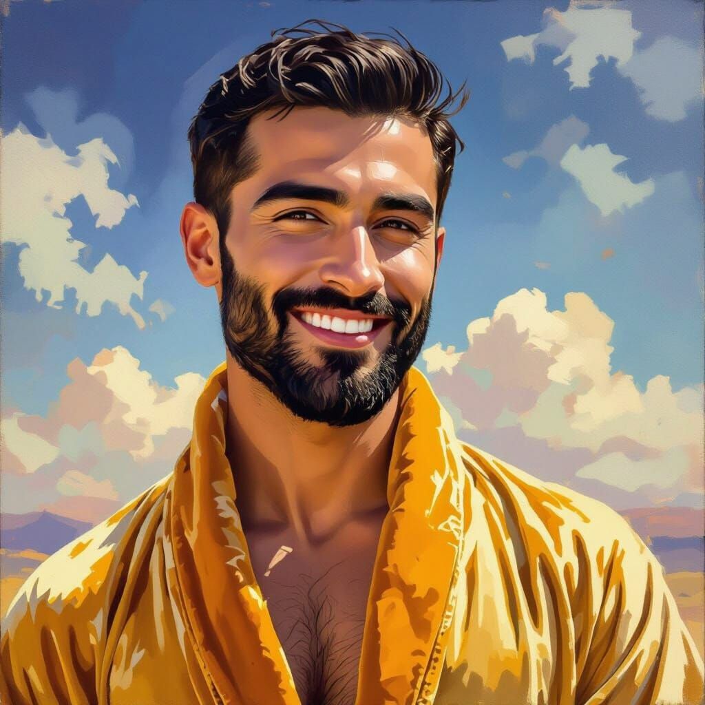 Handsome Man in Golden Velvet Bathrobe Impressionist Paintin...