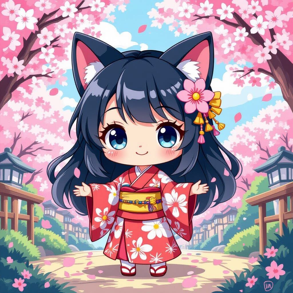 Chibi Yokai Character in Blossoms, Illustrative Style