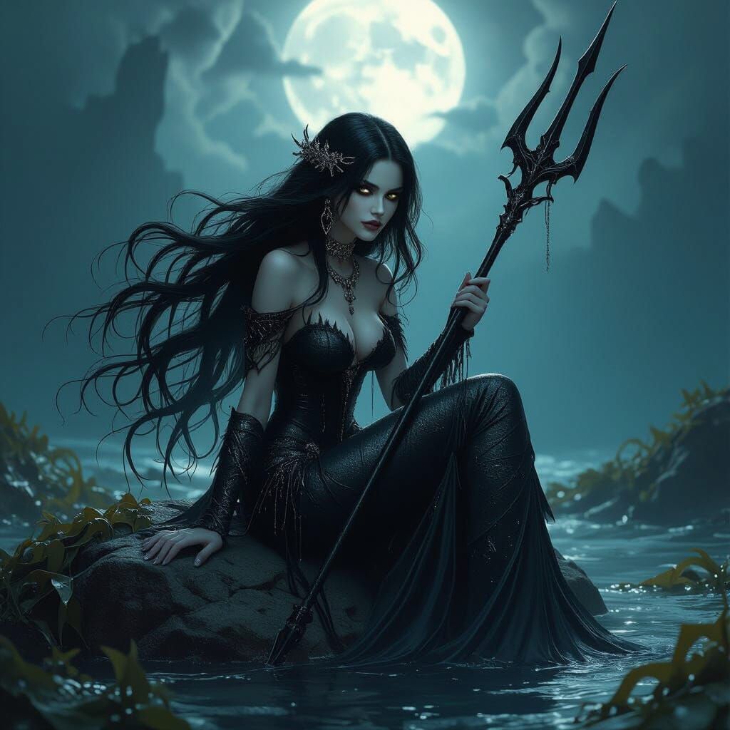 Gothic Mermaid with Obsidian Trident in Dark Ocean
