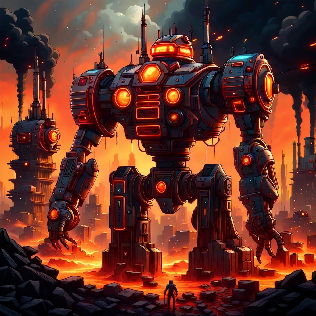 Giant Robot in Burning City, Digital Art
