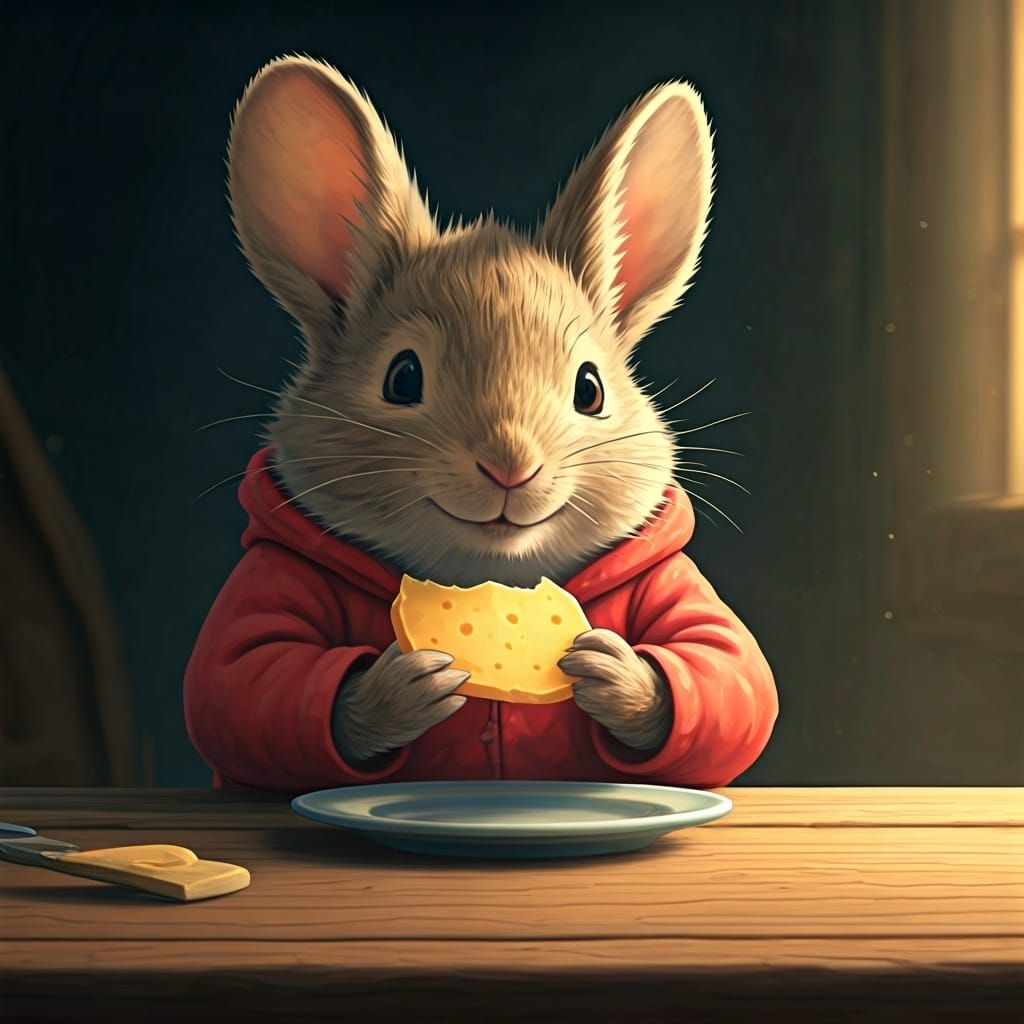Mouse in Vest Enjoys Cheese, Watercolor Style