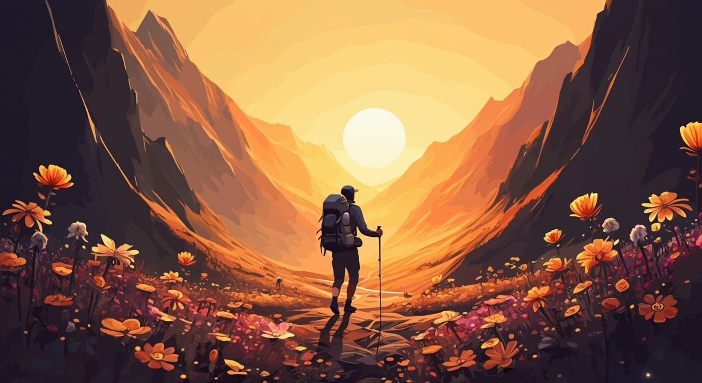 Golden Hour Hiker in Mountain Valley with Wildflowers
