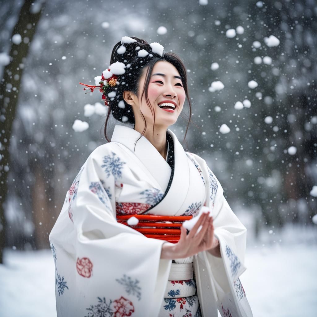 Laughing Japanese Snow Goddess in Kimono