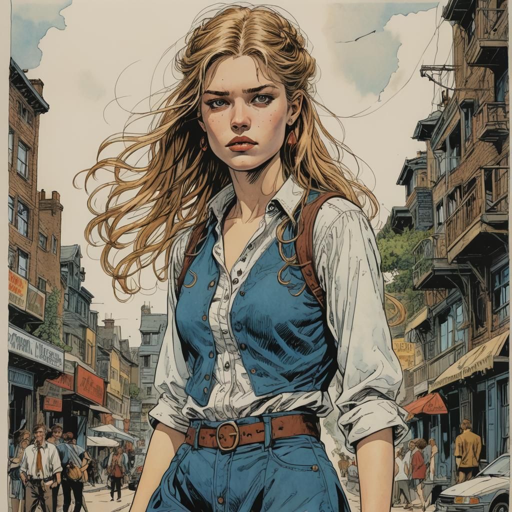 Comic Book Illustration of Young Woman in Miniskirt