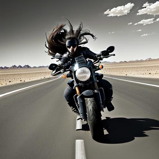 A lone biker on a motorcycle, facing a vast desert landscape with strong winds whipping their hair. The image conveys a ...