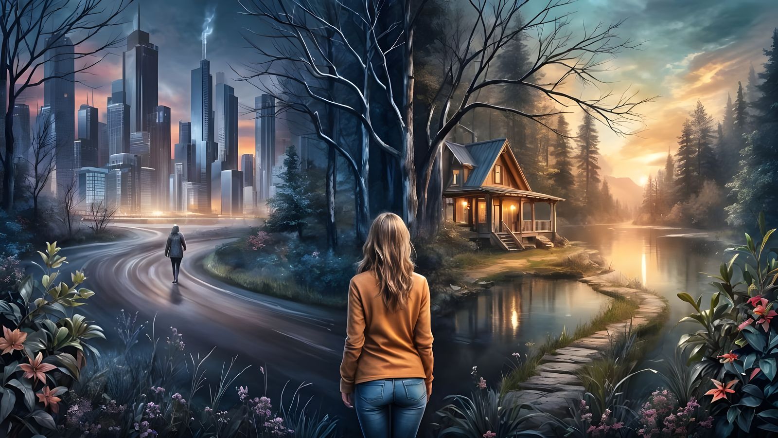 Woman at a Crossroads in a Winter Wonderland