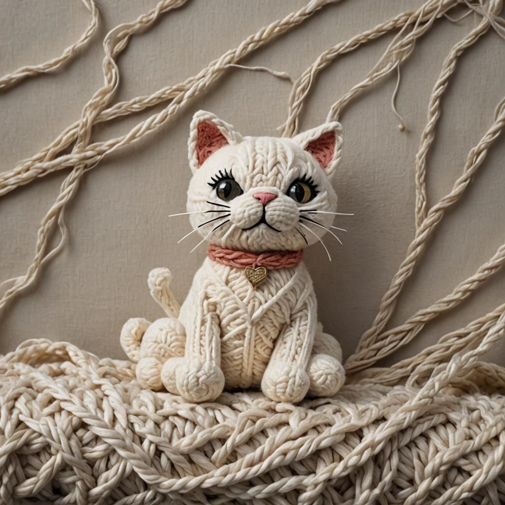 Yarn Cat Plushie on Car Bonnet in Detailed Matte Style