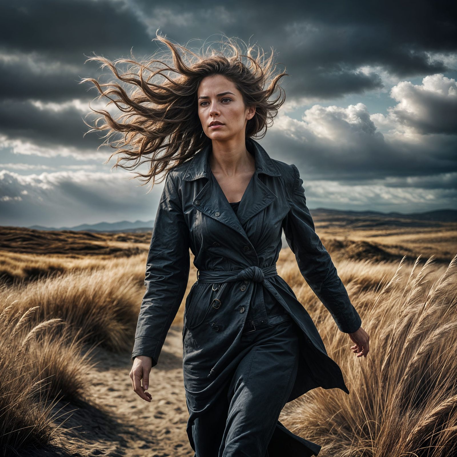 Windswept Woman: Hyperrealistic Atmospheric Composition