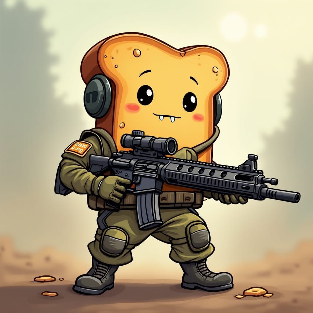 Tactical Toast Soldier in Cartoon Battlefield Style