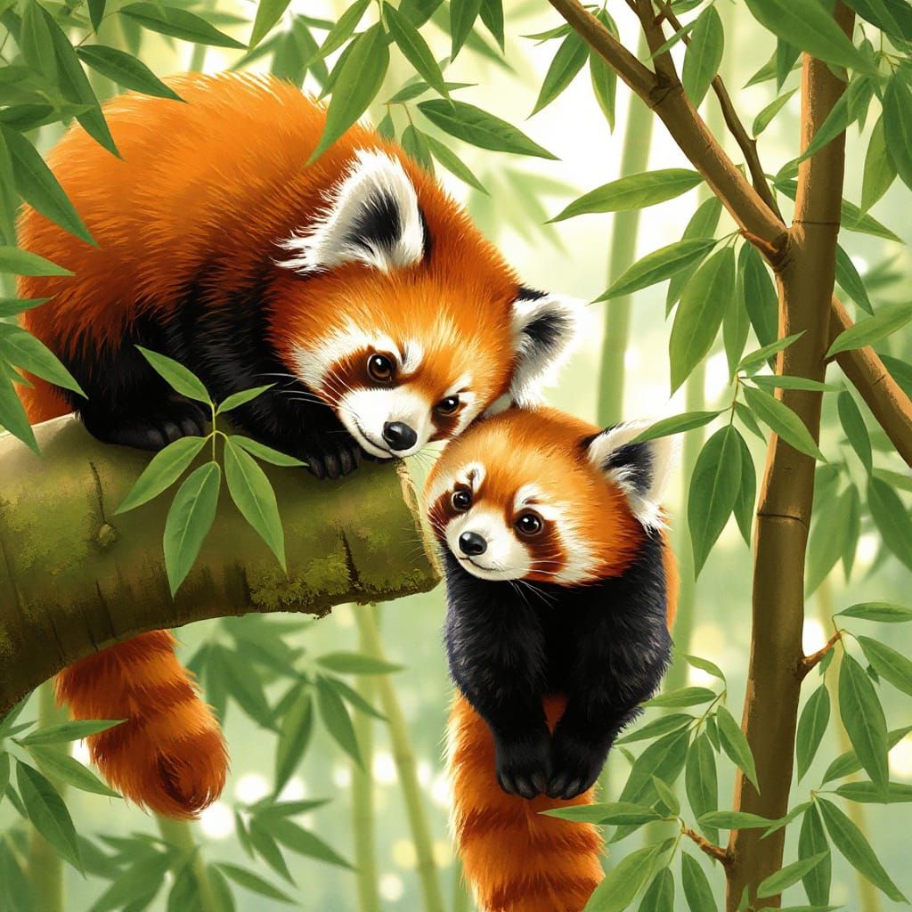 Adorable Red Pandas in Lush Forest Illustration