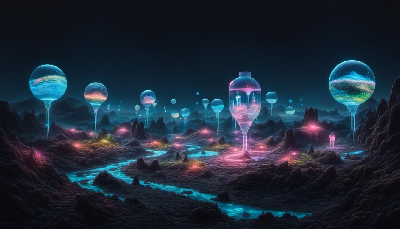 Surreal Artificial World Landscape with Neon Logos