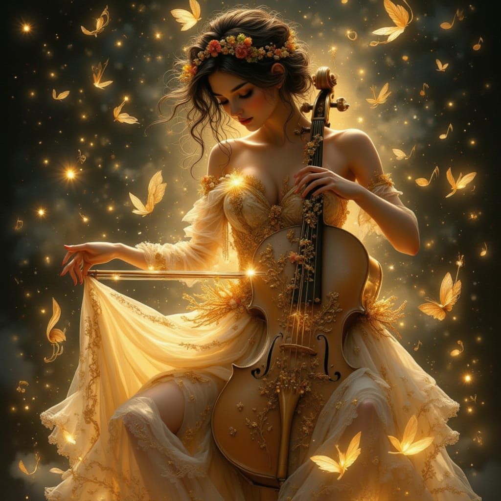 Ethereal Woman Plays Glowing Cello in Fantasy Art Style