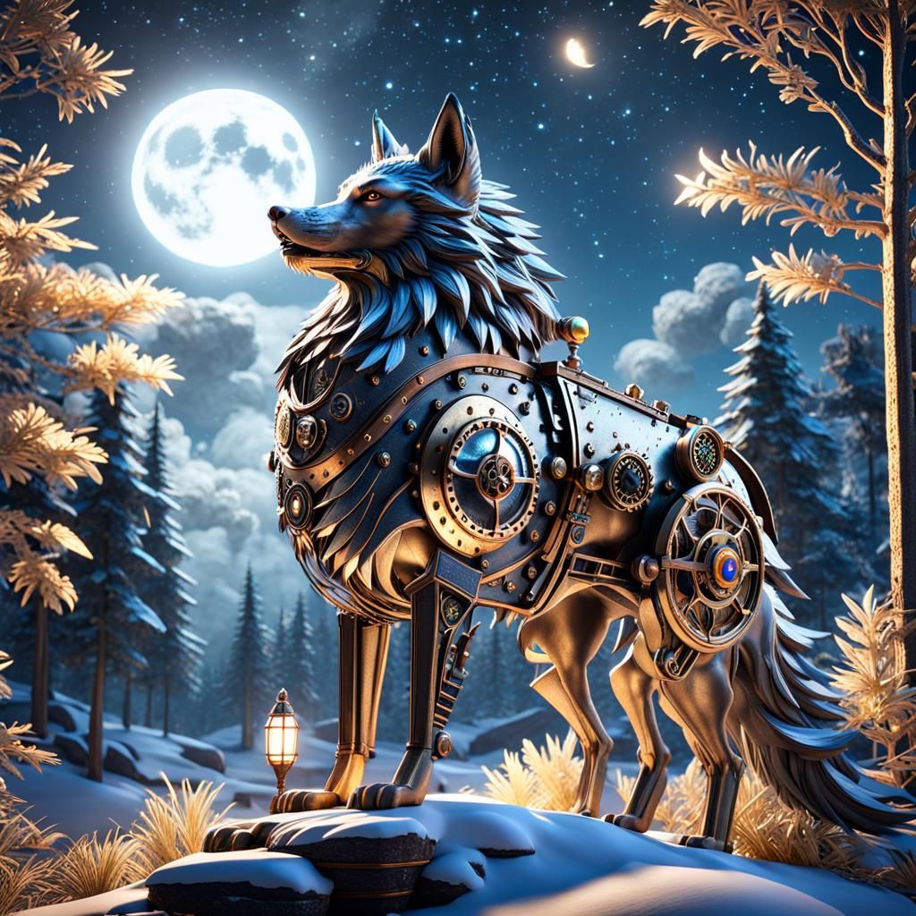 Steampunk Wolf Under Starry Night Sky