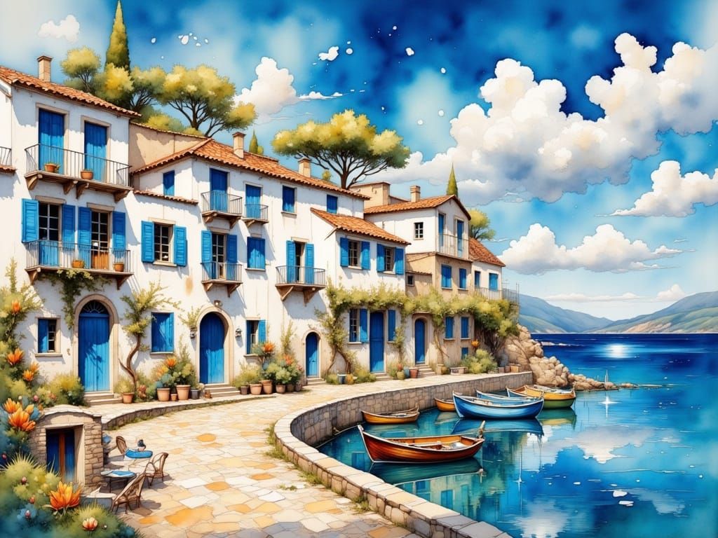 Charming Mediterranean Coastal Scene in Vibrant Watercolors