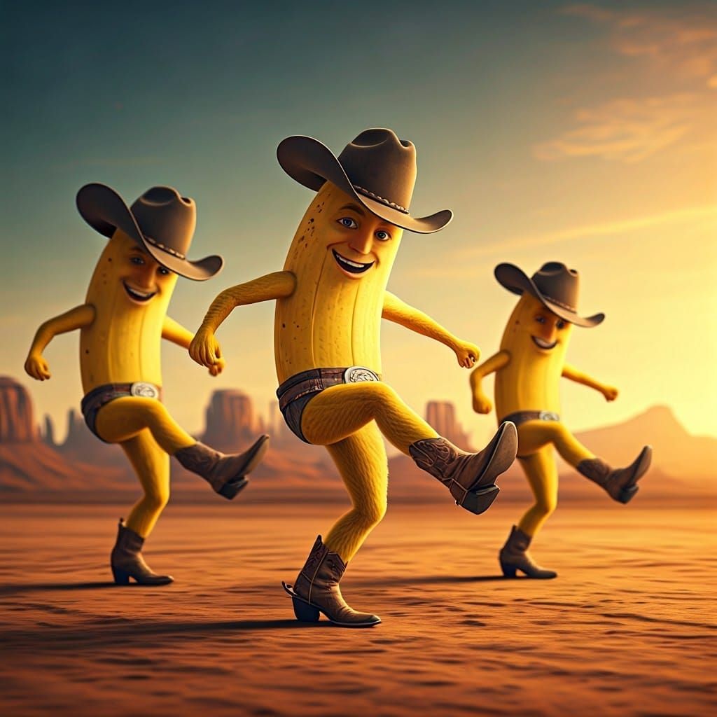 Joyful Bananas Line Dance in Vibrant Western Landscape