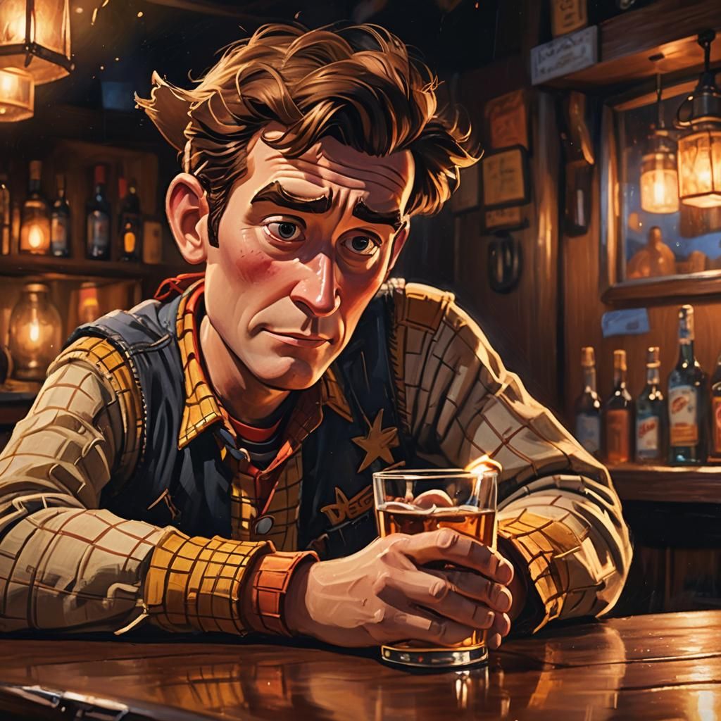 Sad Woody Drinks Alone: Moody Oil Painting
