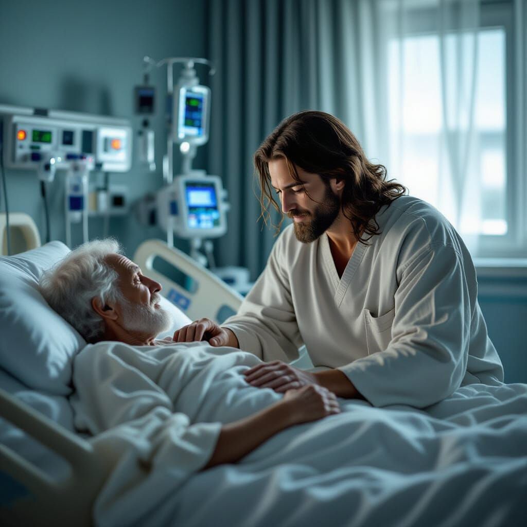 Jesus Christ Comforts Man in Hospital, Digital Matte Paintin...