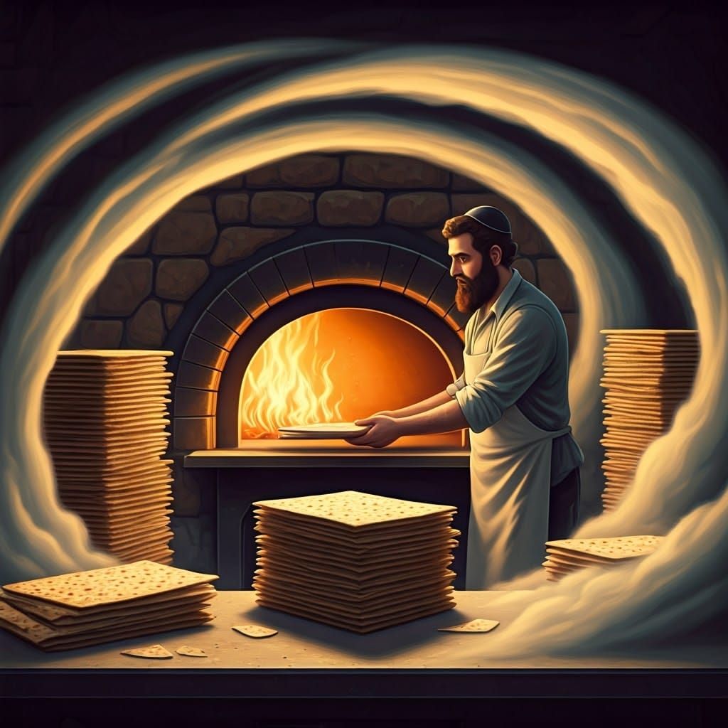 Depict a cartoon image of a man in a traditional matzah bake...