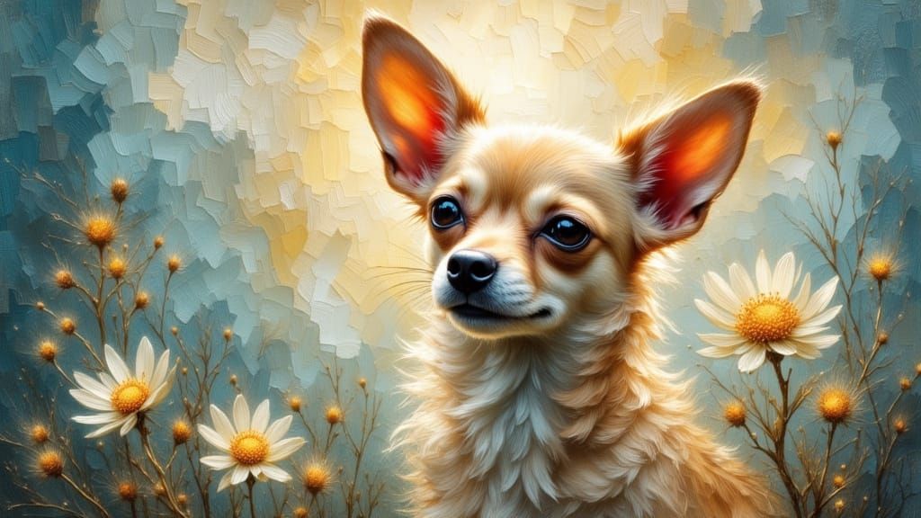 Sweet Blonde Chihuahua Portrait in Flemish Oil Painting Styl...