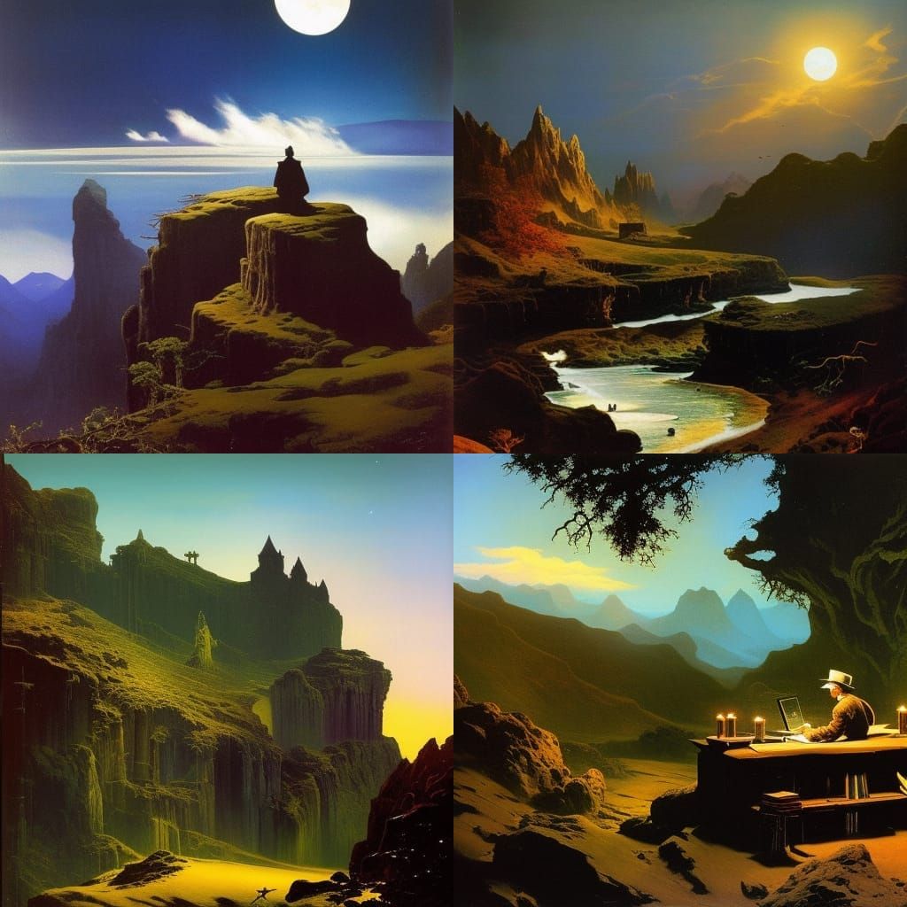 Fantasy Writer's Block Under Night Sky, Frazetta Style