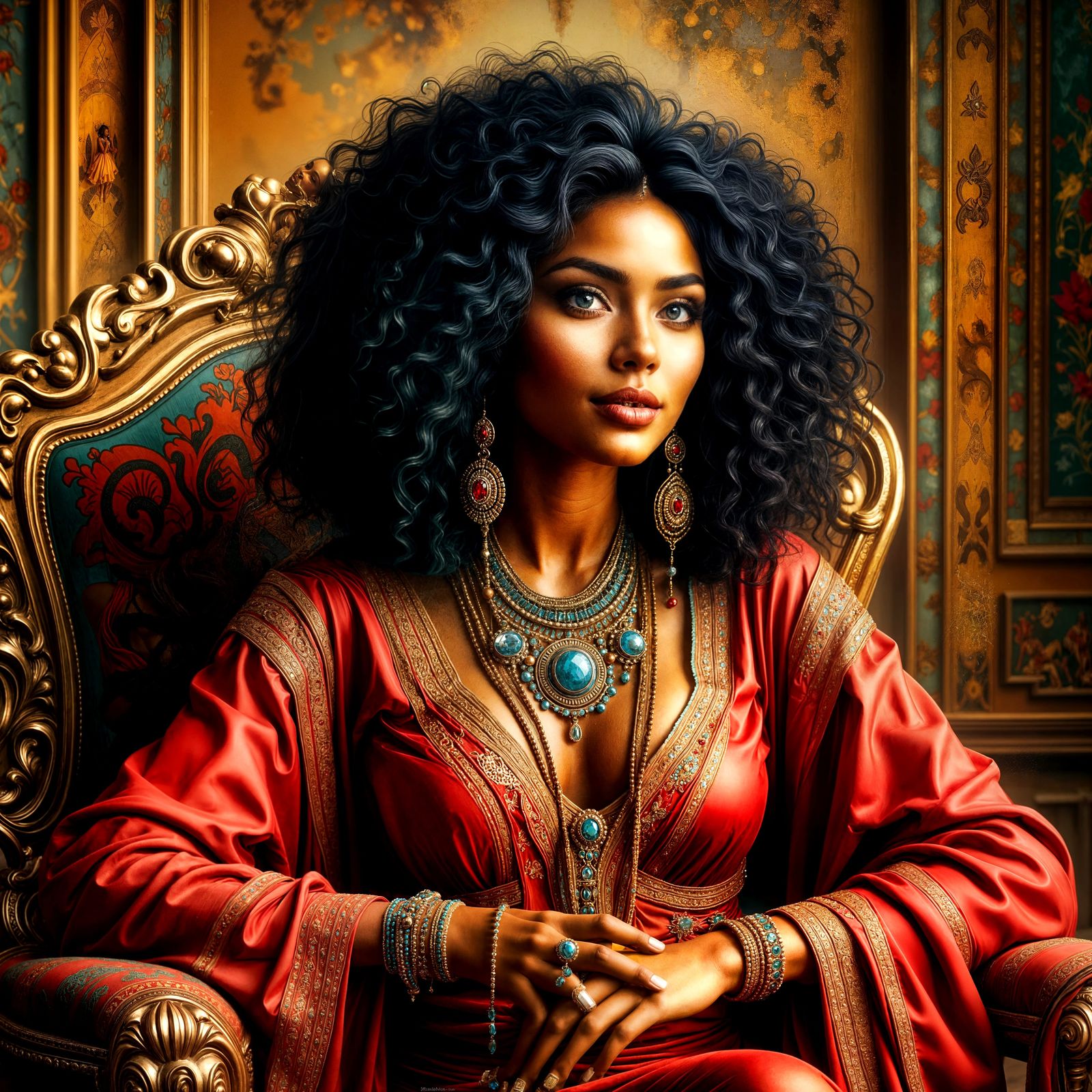 Ethiopian Princess in Throne Room with Aquamarine Jewelry