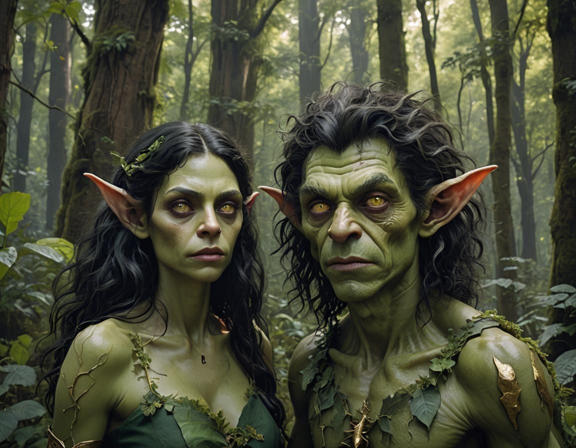 Emerald Goblin Gazes at Woman in Forest