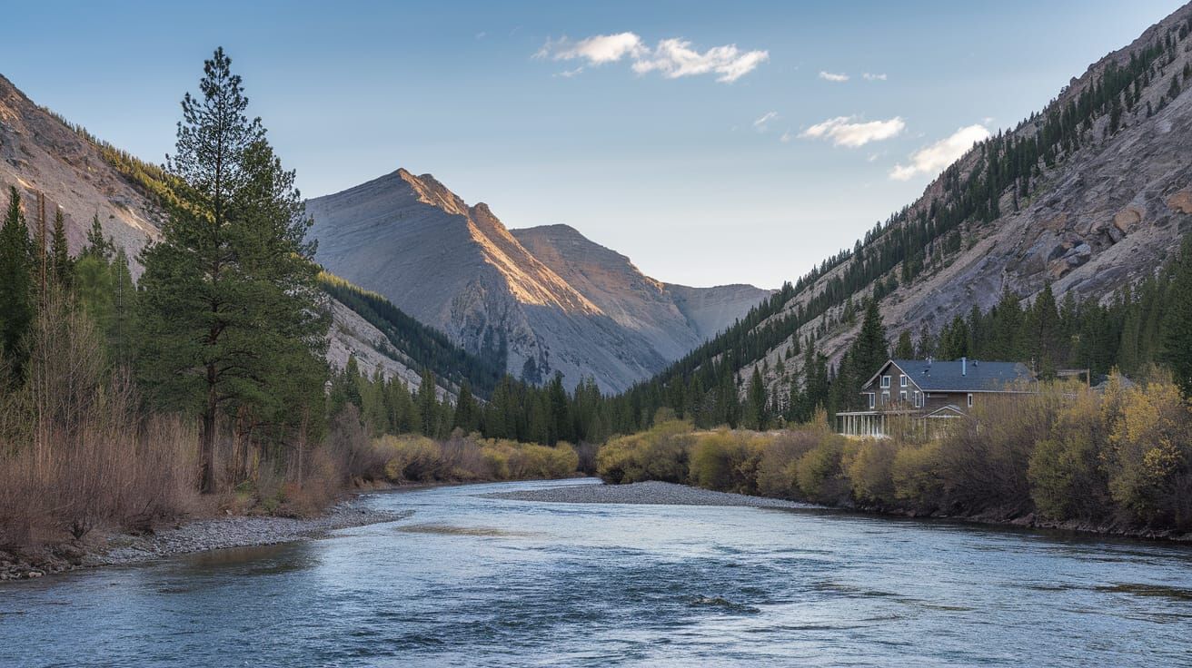 Serene Valley Landscape with River and Mountains