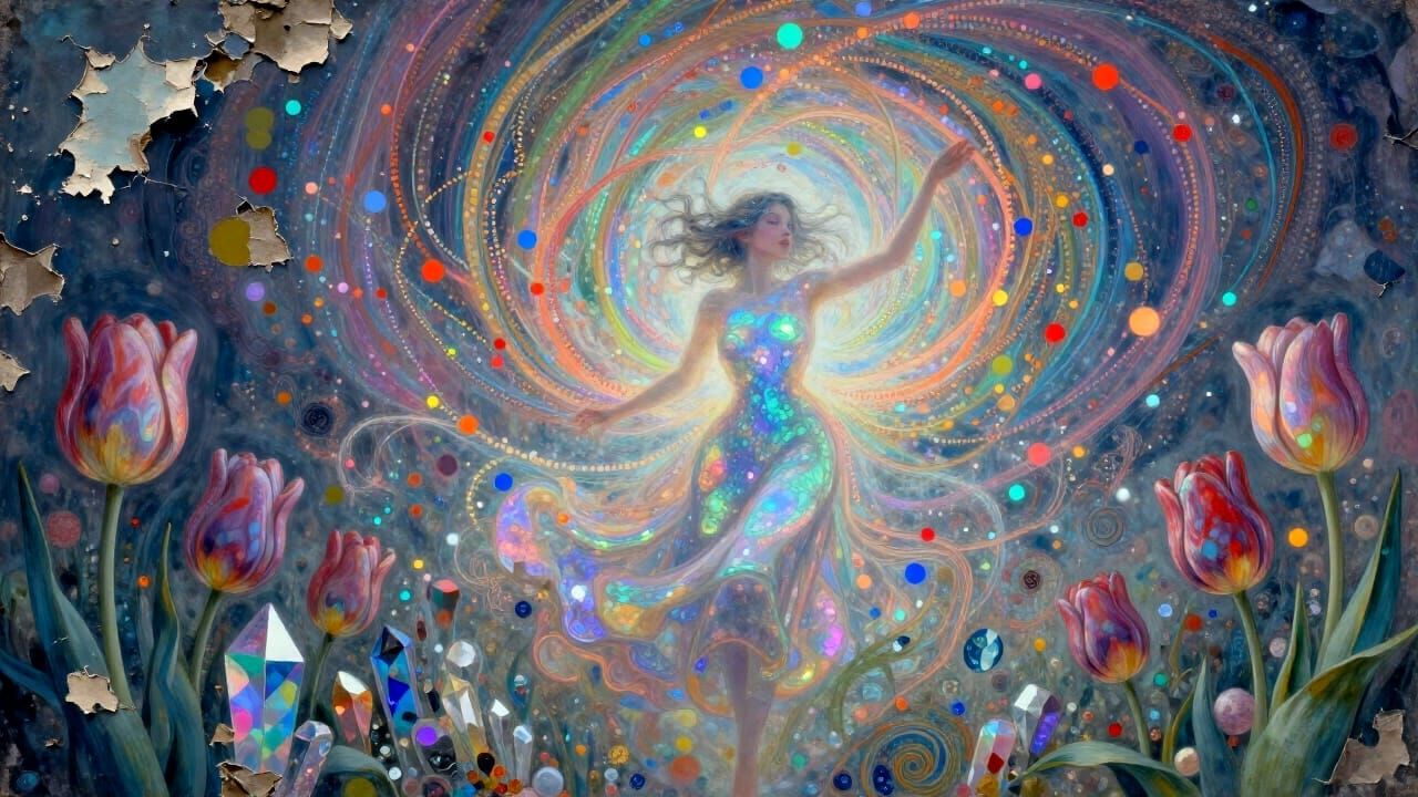 Woman with Crystal Tulips in Iridescent Aura