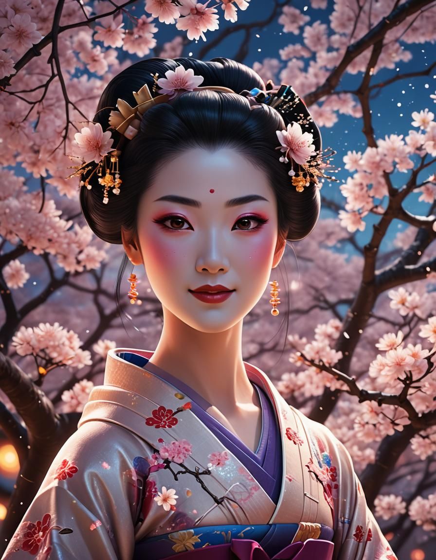 Geisha Portrait in Bioluminescent Sakura Garden, 3D Art